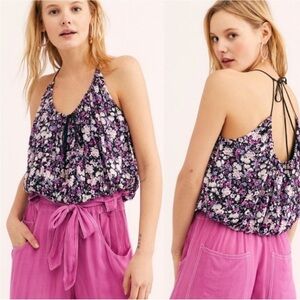 Free People daisy babe halter tank top purple floral crop top xs tie